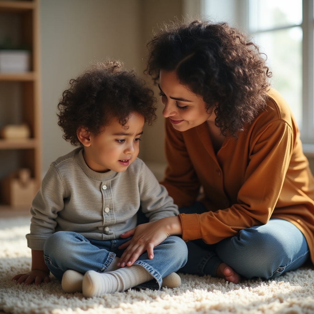 Bambino che esprime emozioni mentre un adulto lo osserva con calma e attenzione