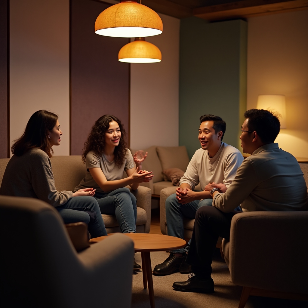 Gruppo di genitori in una stanza accogliente durante una discussione
